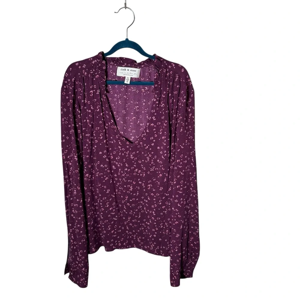Anthropologie Cloth & Stone Jinna Floral Ruffle Blouse Purple Medium - Picture 9 of 11